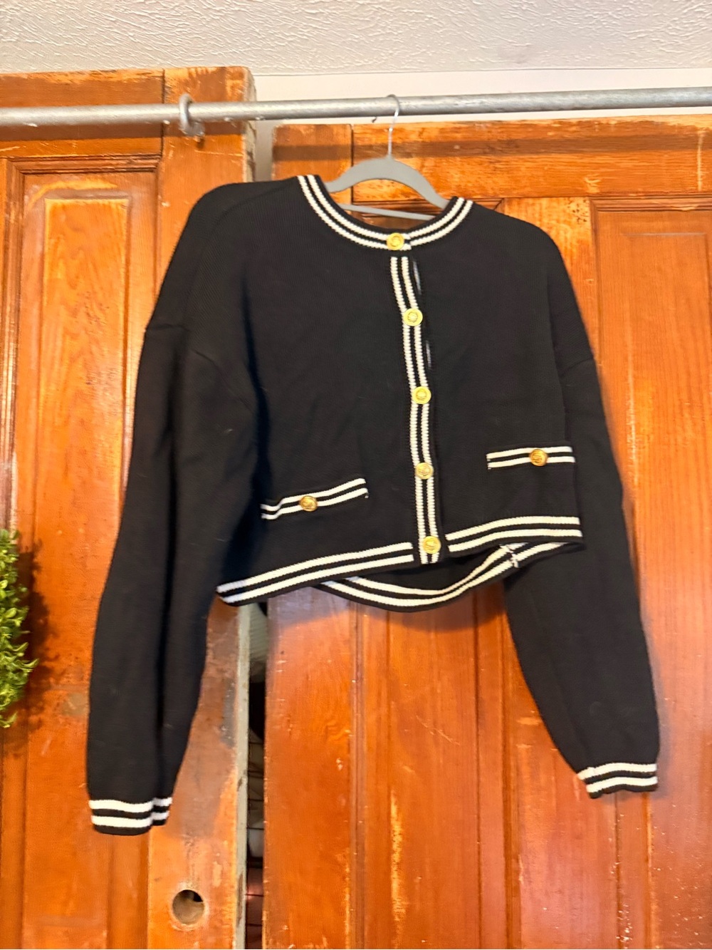American Eagle Outfitters Black Cropped Button-Up Cardigan with White Trim